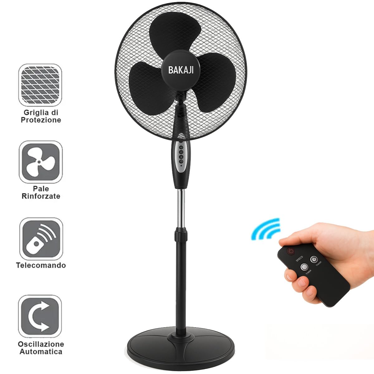 BAKAJI Ventilatore a Colonna Piantana Potenza 45W Diametro Pale 40cm 3 Velocità Selezionabili Altezza regolabile Oscillazione Orizzontale e Telecomando per Controllo a Distanza (Nero)