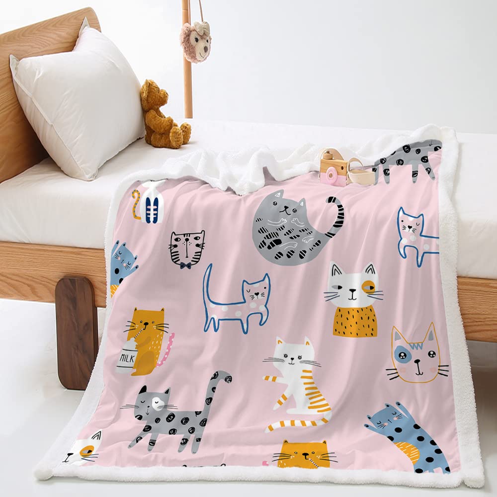 Highdi Manta de Forro Polar Sherpa para Niños, Mantas Estampado Gatito de Dibujos Animados Suave Acogedora Mullida Cálido de Invierno Mantas Microfibra para Sofá y Cama (90x120cm,Rosa+Gato)