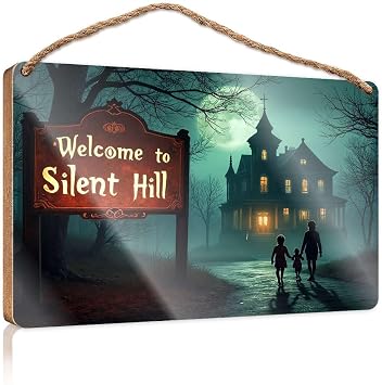 Funny Hanging Farm Interesting Sign Welcome To Silent Hill Sign With Spooky House In Background. Wall Hanging Plaque Sign Porch Decorations23X35CM