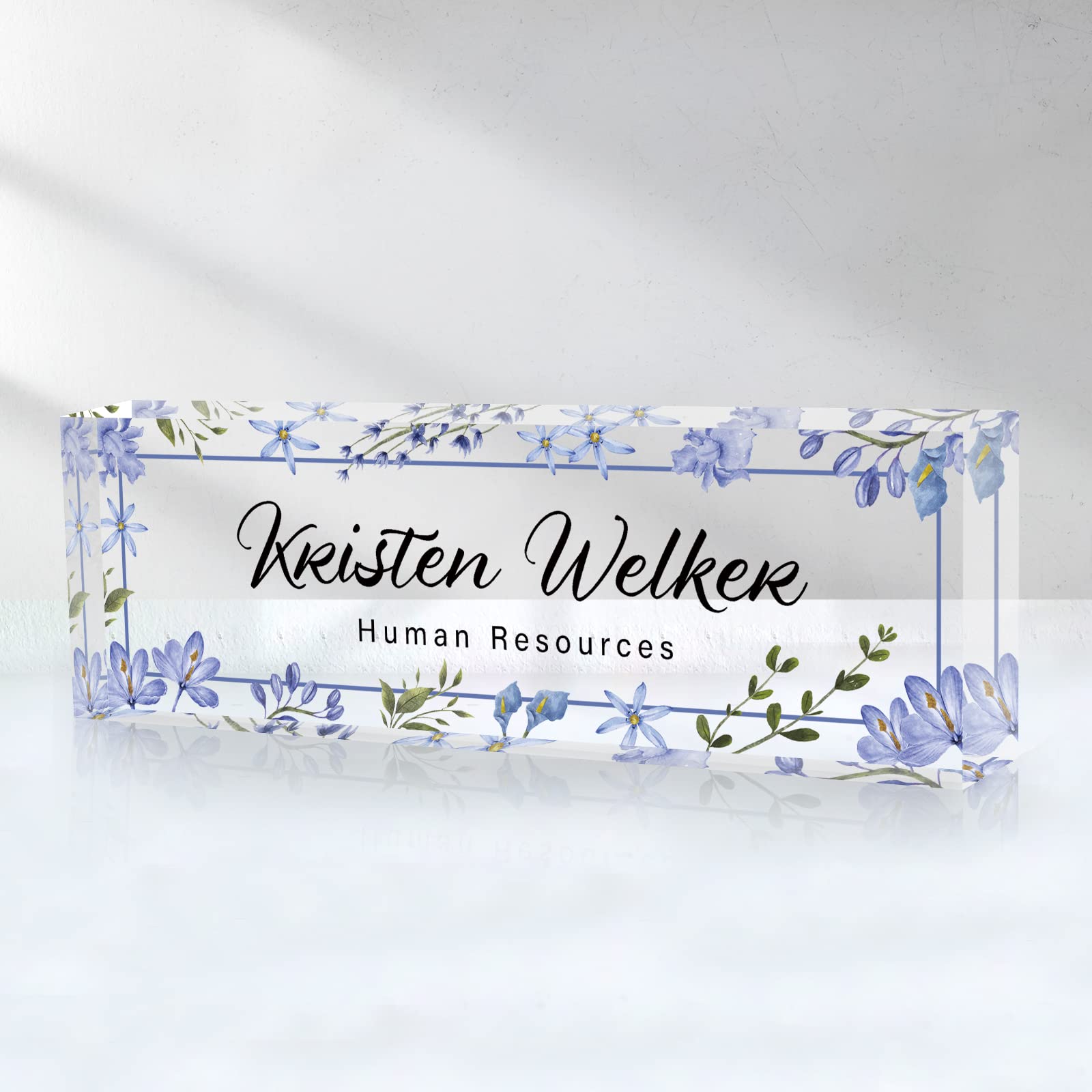 Desk Name Plate Personalized, Custom Name Plate for Desk, Office Desk Decor for Women Men, Acrylic Desk Accessories, Office Gifts for Coworkers Boss Teacher, Employee Appreciation Gifts (Blue Folwers)