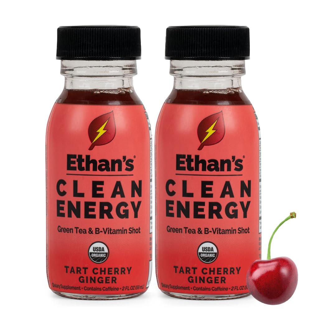 Ethan's Organic Clean Energy Shots Tart Cherry Ginger, 2 Pack of 2oz | 150mg Caffeine | Green Tea, Guayusa, Lion's Mane & Cordyceps | Sugar-Free, Vegan, Gluten-Free, USDA Organic Tart Cherry Ginger 2 Fl Oz (Pack of 2)