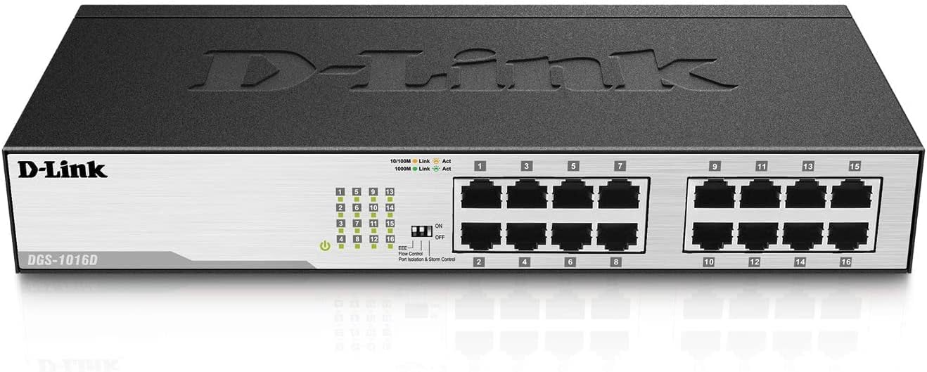 D-Link DGS-1016D 16-Port Green Ethernet Copper Gigabit Switch, Hub, Internet Splitter, Metal, Fanless, Plug and Play - UK Model, black DGS-1016D