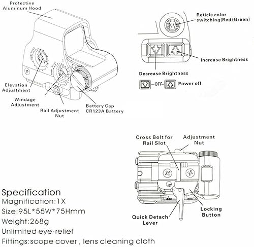 Miniatura 5 de 558 - Mira de punto verde y rojo +G3X 3 lupas holográficas Reflex mira con interruptor a lado Montaje QD desmontable rápido para caza (TAN)