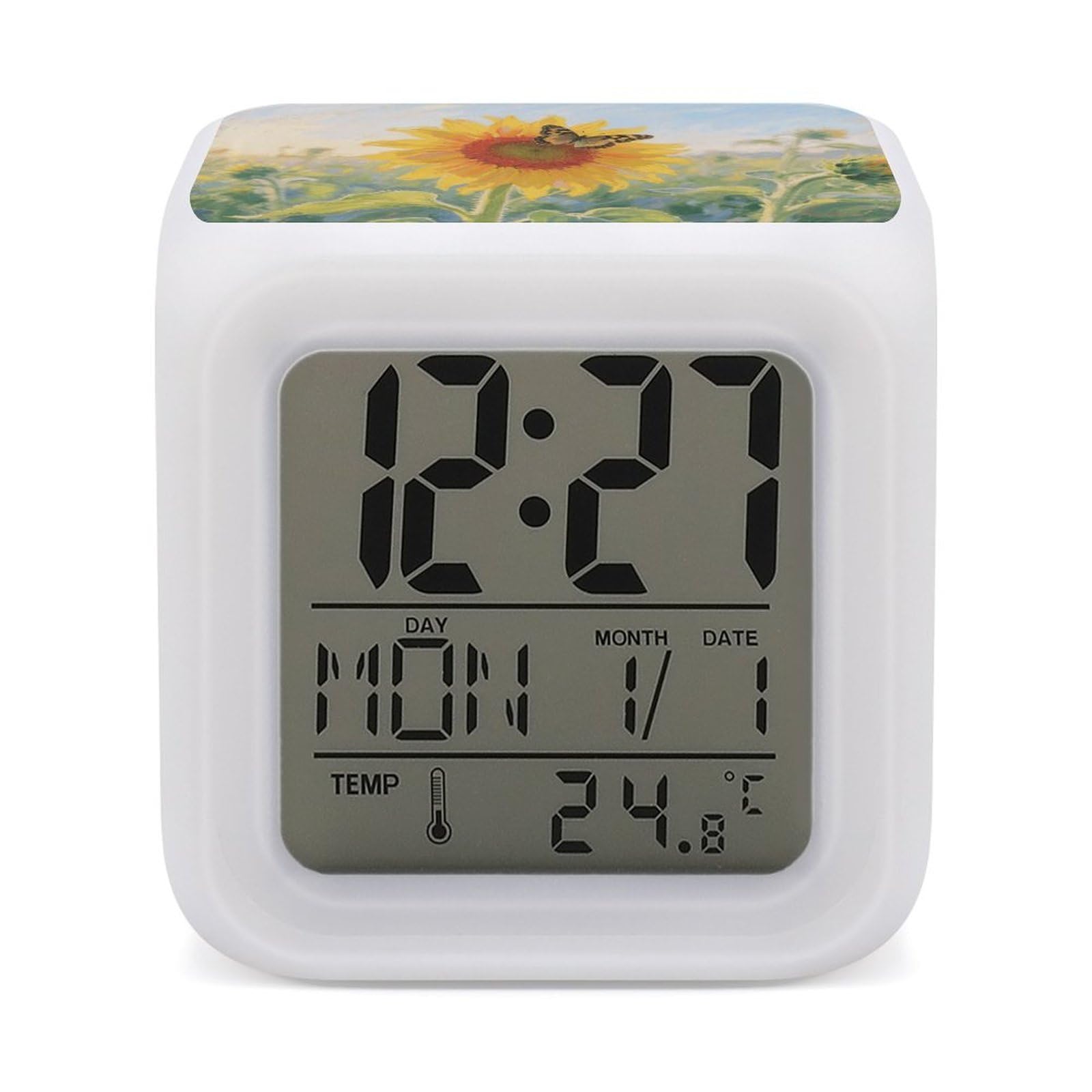 VstaDank Sunflower Butterfly Alarm Clock with Date Temperature Large LED Display Number Clocks with 7 Colors Changing Desk Clock Battery Operated Digital Clocks with Date for Heavy Sleepers