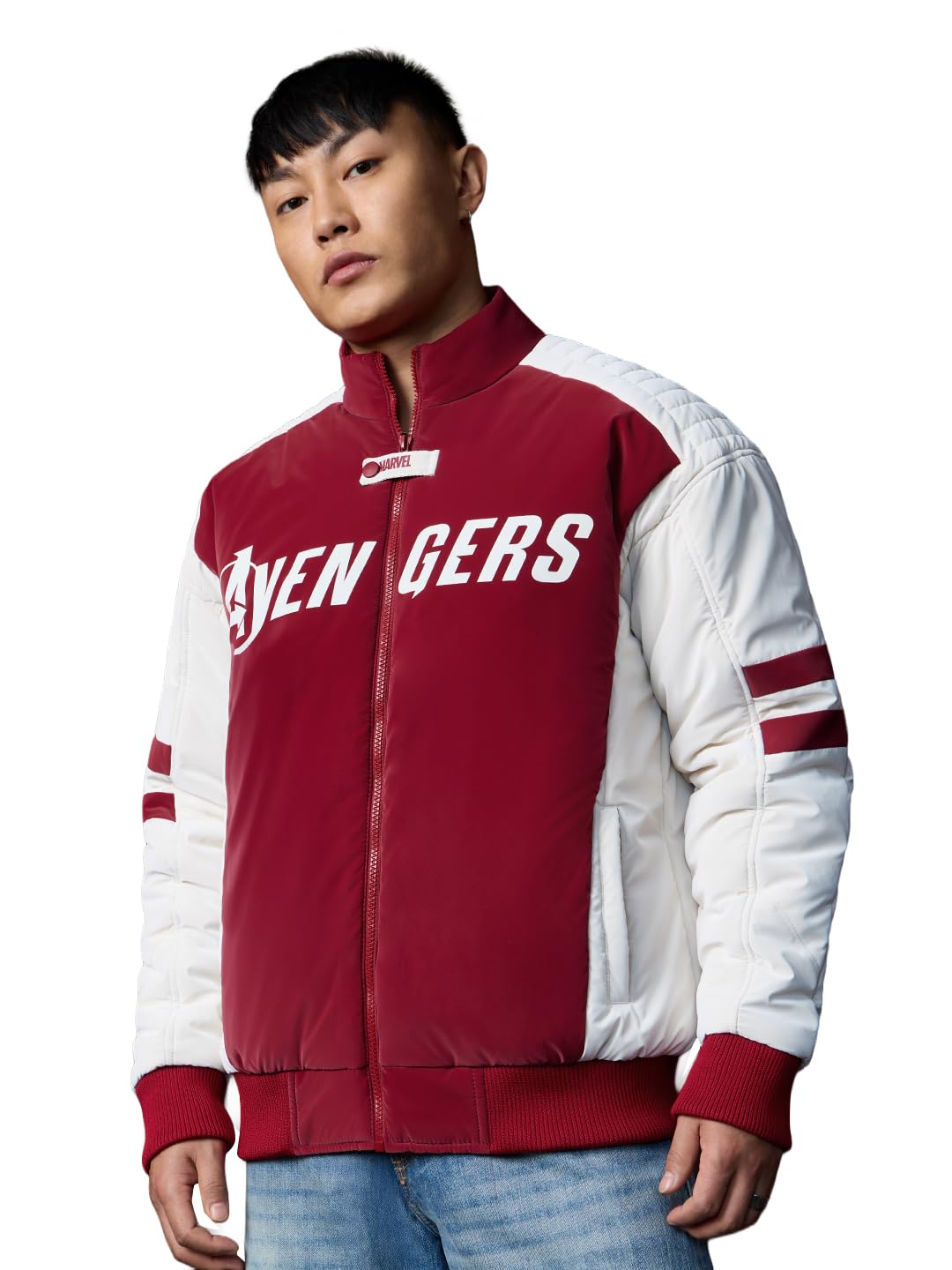 Avengers Bold Typography Men and Boys Full Sleeves Mandarin Collar Red and White Graphic Printed Polyester Oversized Fit Lightweight Winter Bomber Jacket-image-42