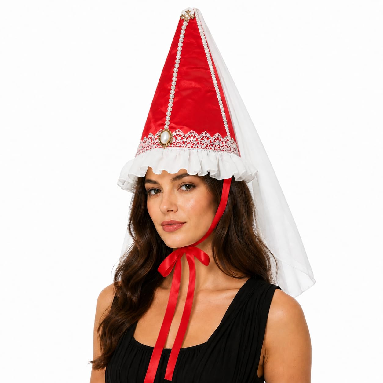 Women Medieval Hennin Cone Hat with Veil, Renaissance Princess Headdress Tall Cone Cap with Pearl and Gold Trim for Costume, Faire and Theatrical Dress — image 1