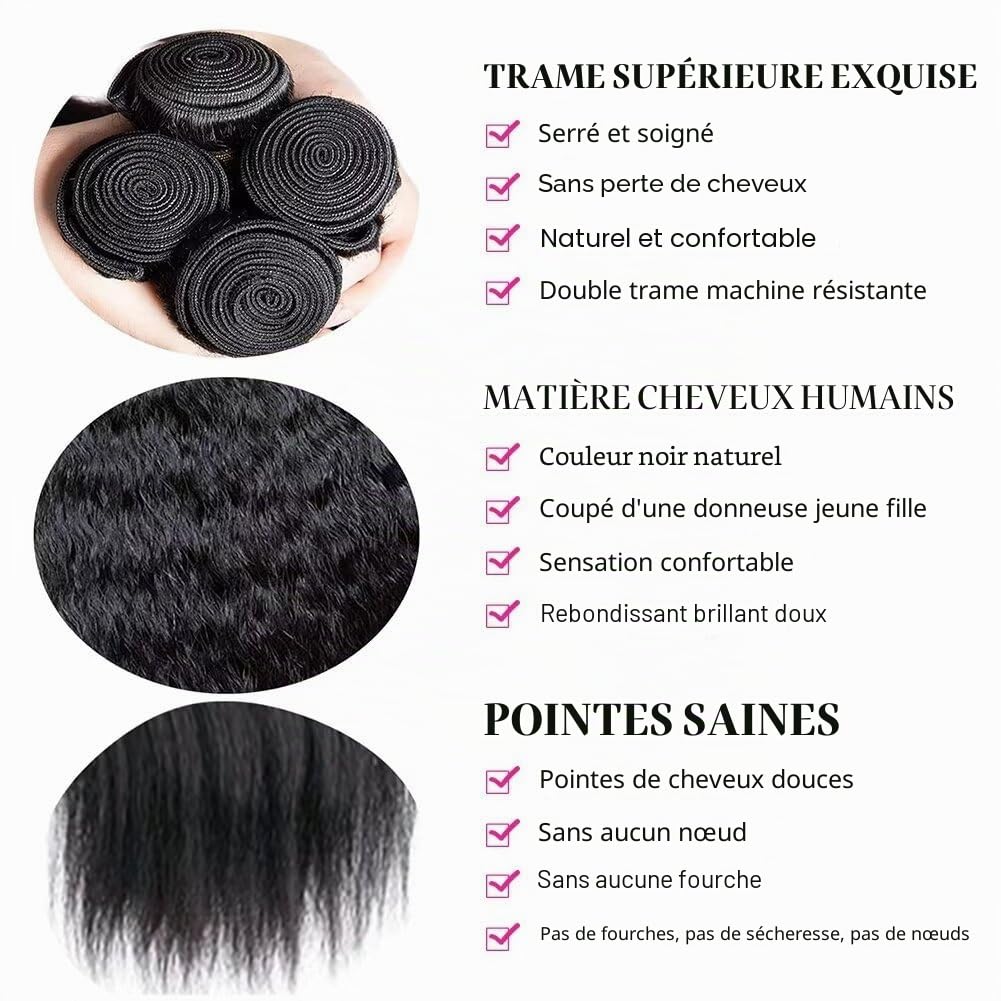 UNILO Cheveux Naturel Bresilienne 12A Grade Tissage Kinky Straight Bresilien Kinky Straight Hair Double Trame Tissage Bresilien Boucle 16 Pouce