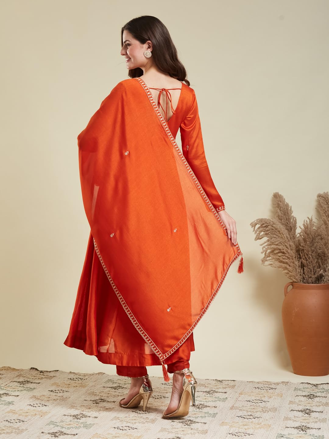 MOKOSH Women's Silk Anarkali & Pant with Dupatta Set (417-06-L_Orange) - Image 3 thumbnail