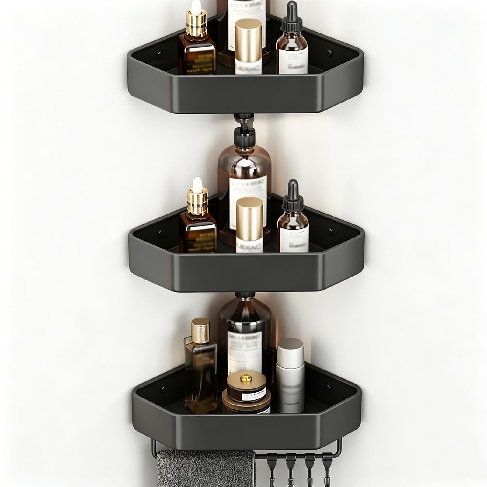 Étagère d'angle Douche Aluminium Spatial, Support Mural Triangulaire avec Crochets, Rangement Salle De Bain Antirouille À Drainage Creux(C,6)