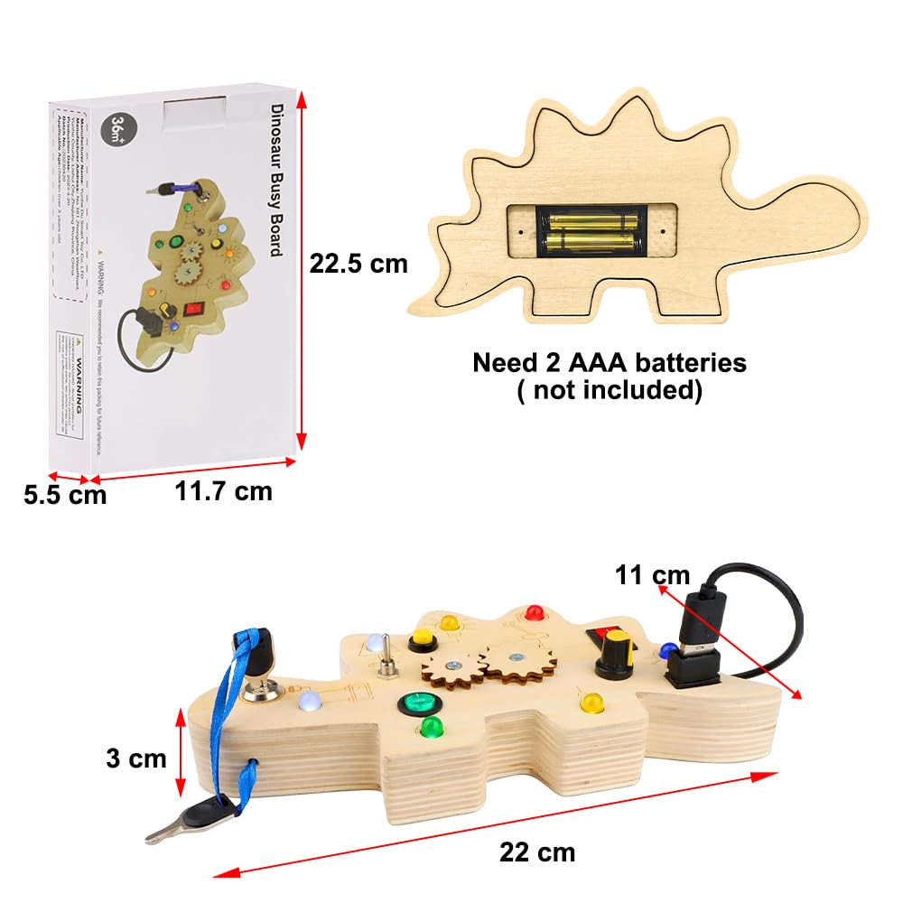 Montessori Busy Board, Montessori Spielzeug Dinosaurier Holzspielzeug mit 7 Schalter 7 LED Leuchten Activity Board Motorikspielzeug Lernspielzeug für Jungen Mädchen ab 1 2 3 4 Jahre
