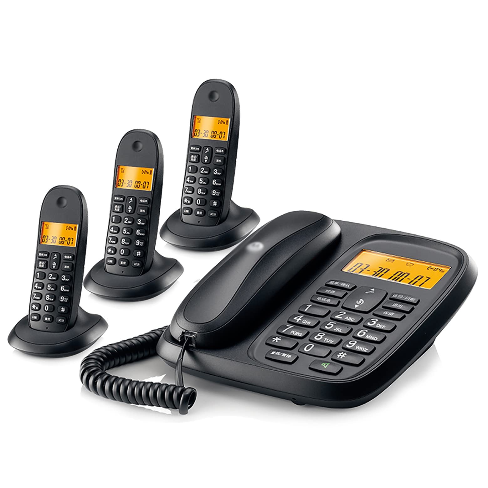 telefon bezprzewodowy + stacjonarny telefon stacjonarny, z blokadą połączeń irytujących, wyświetlacz z białym tłem, menu w języku angielskim, rozmowy w trybie głośnomówią(Czarny 3)