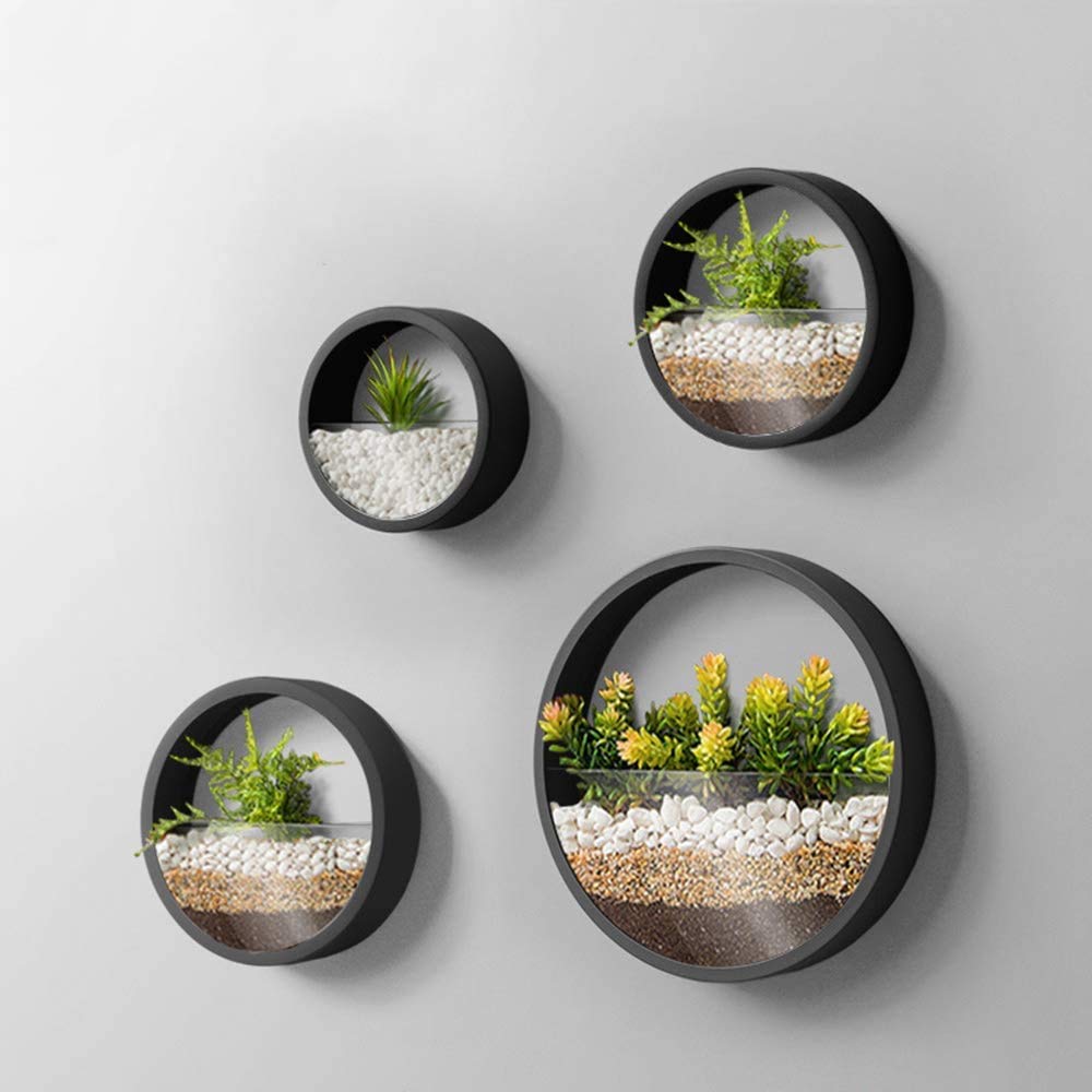 KnikGlass Set of 4 Hanging Wall Vase, Round Wall Vase Planters, Hanging Planters Decor for Home, Kitchen, Office and Bedroom (Black)
