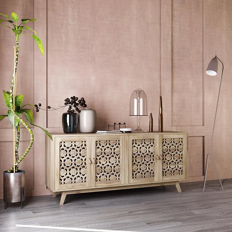 Rathkaar Wooden Sideboard Cabinet for Living Room, Solid Mango Wood Storage Cabinet with 4 Doors, Kitchen Crockery Unit, Bedroom Storage Furniture, Light White Beige Finish, Elegant Organizer-picture-16