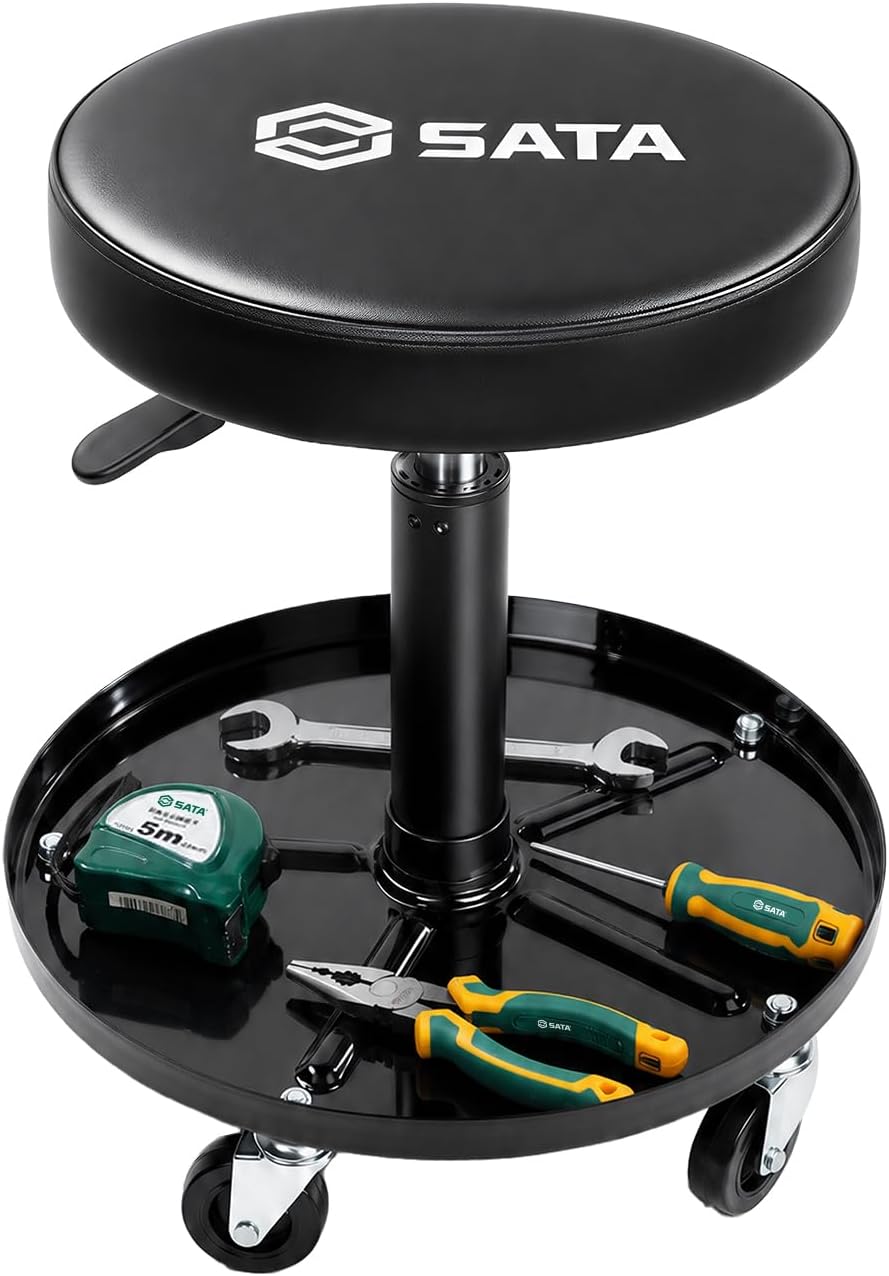 SATA Rolling Mechanic Stool with Adjustable Height, 300 lbs Heavy Duty Garage Shop Chair with Wheels, 385mm Wide Seat for Automotive Repair, Workshop and Seated Projects