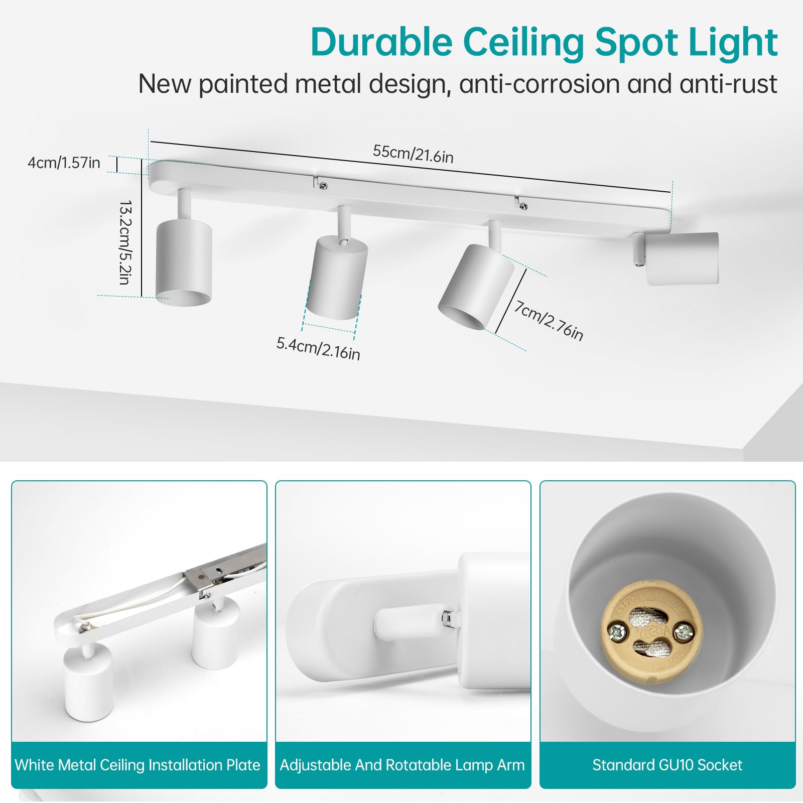 wowatt Plafoniera a LED 4 faretti orientabili GU10, 4 faretti girevoli, plafoniera da cucina, illuminazione da soffitto, lampada da soffitto, lampada da parete, lampada a LED, bianco per cucina,