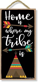Honey Dew Gifts Home is Where My Tribe is 5 inch by 10 inch Hanging Wall Art, Decorative Wood Sign Home Decor