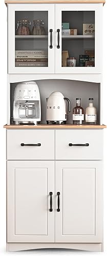 Miniatura 7 de Armario de despensa de cocina de 67 pulgadas con puertas y cajones de cristal, estantes ajustables, anti-punta, soporte de microondas que ahorra