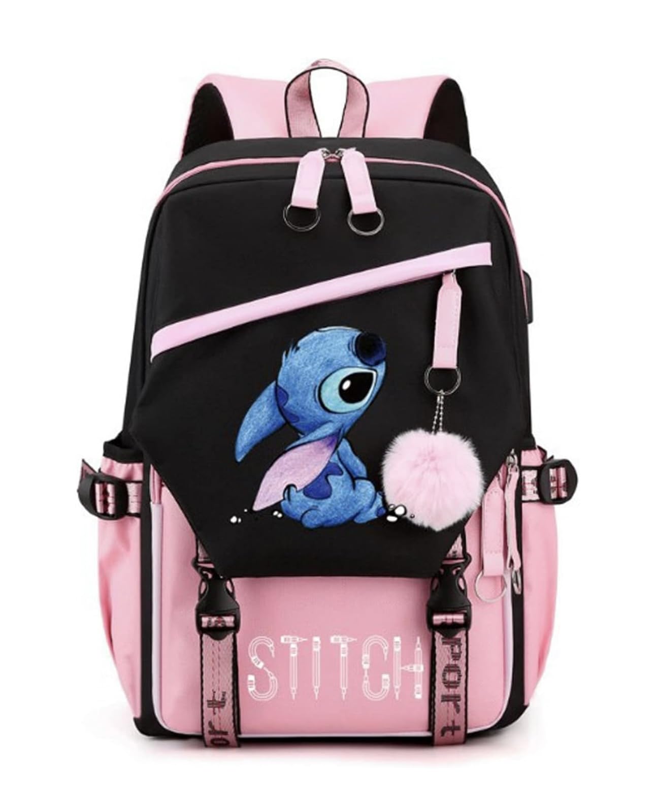 RWBLA Mochila escolar, para Mujeres y Niñas, USB, De Gran Capacidad, informal, de Stitch, Rosa, multicolor, 46*29*16cm