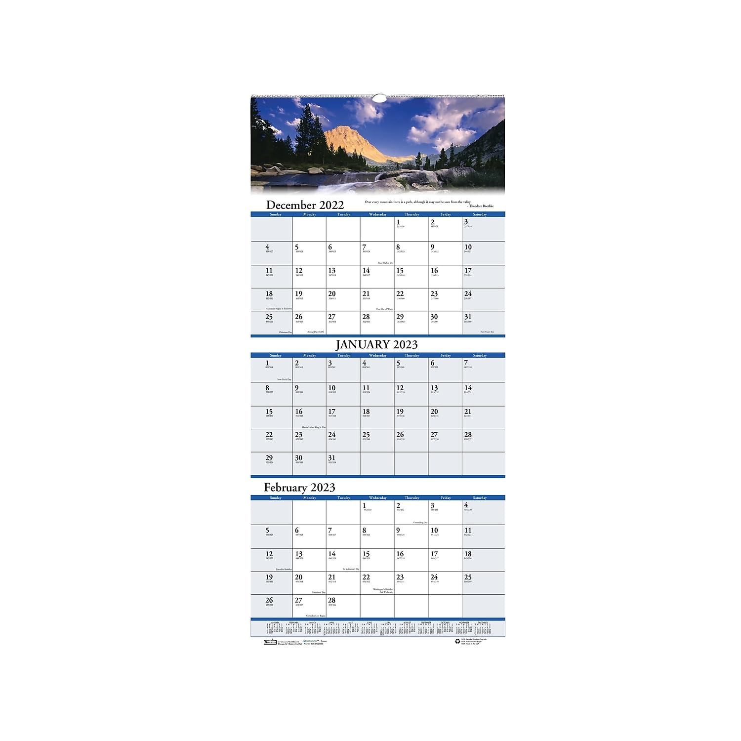 House of Doolittle Wandkalender 2023, Drei-Monatsansicht, Erdlandschaften Scenic, 31 x 66 cm, Dezember - Januar (HOD3638-23)