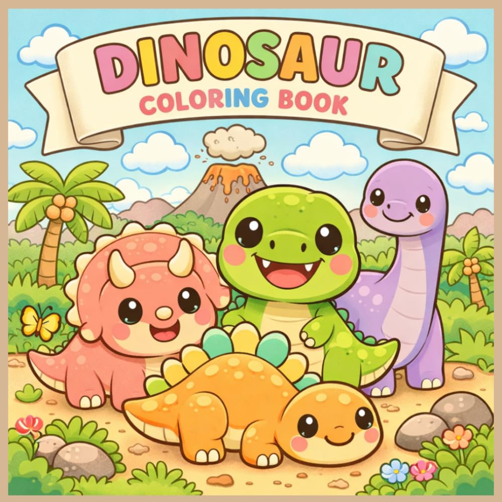 Kawaii Dinosaur Coloring Book: 50 Adorable Dinosaurs with Fun Scenes, Easy Big Designs, Perfect for Adults, Teens, and Kids of all Ages