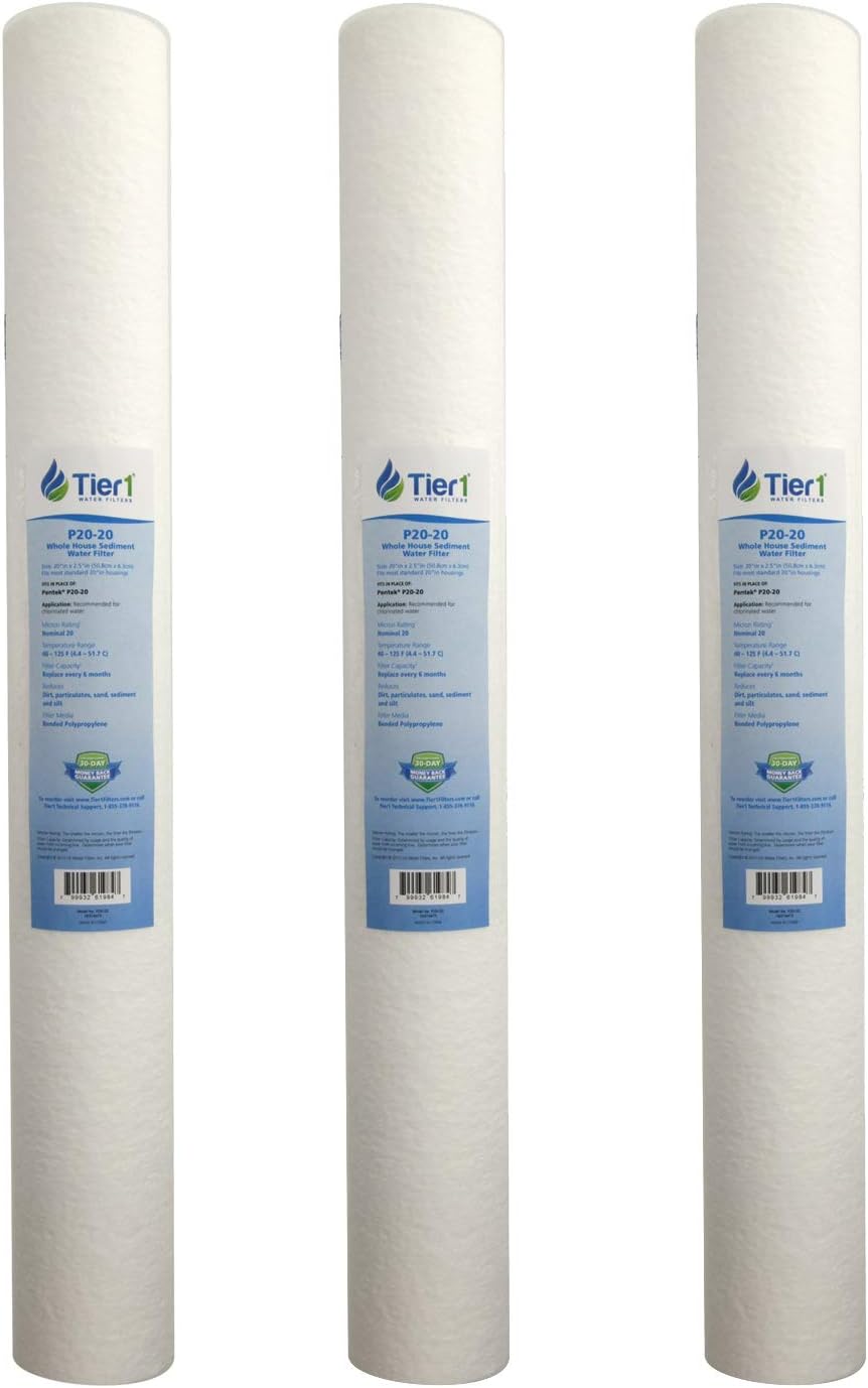 Tier1 20 Micron 20 x 2.5 Water Filter | Spun Wound Polypropylene Whole House Sediment Water Filter Cartridge | Replacement for Pentek P20-20, Purtrex PX20-20 | 2.5 x 20 Whole House Pre-Filter (3-Pack)
