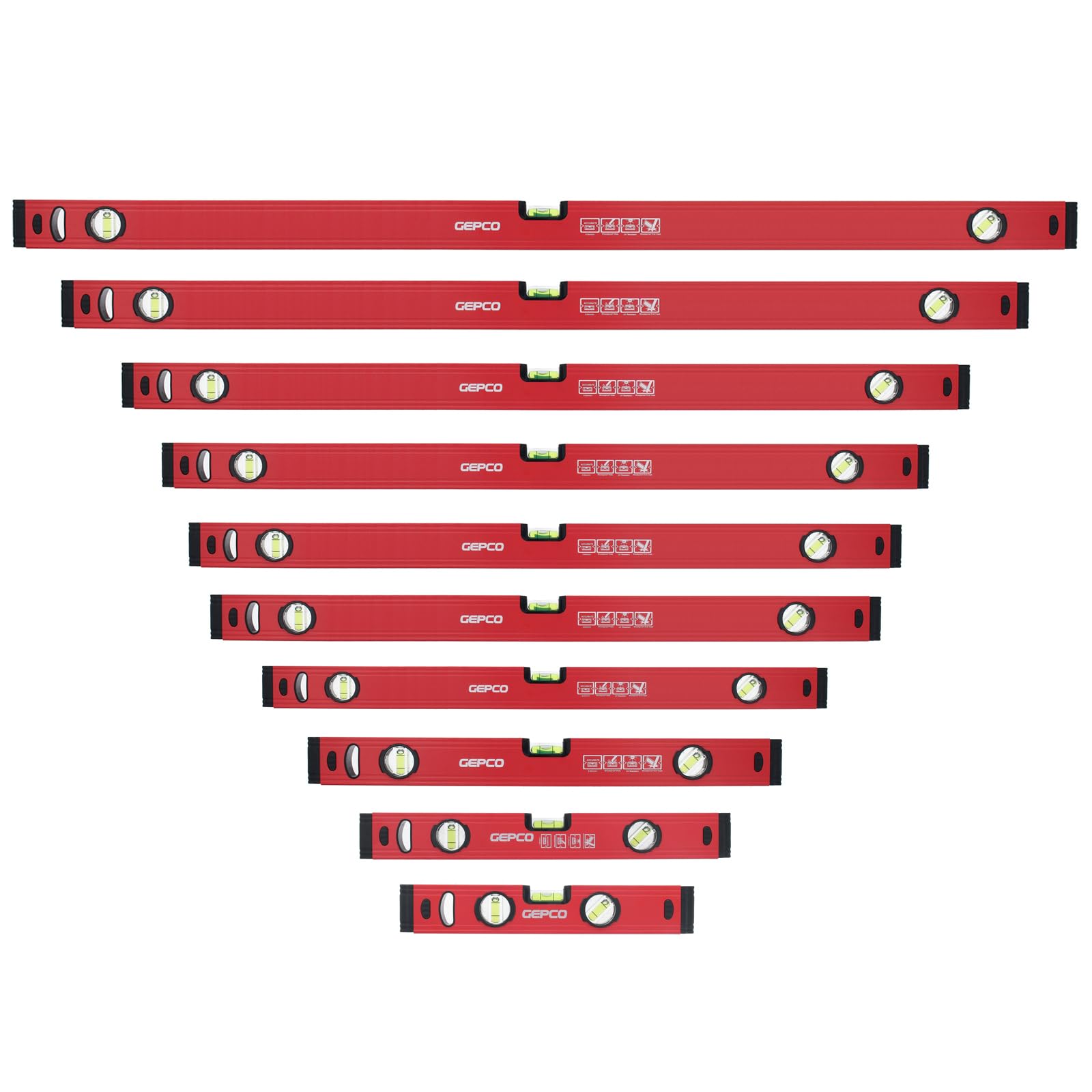 GEPCO 10-częściowy zestaw profesjonalnych poziomic 30-40-50-60-80-90-100-120-150-180 cm, aluminium, 1,2 mm, waga pomiarowa, waga konstrukcyjna, 3 ważniki