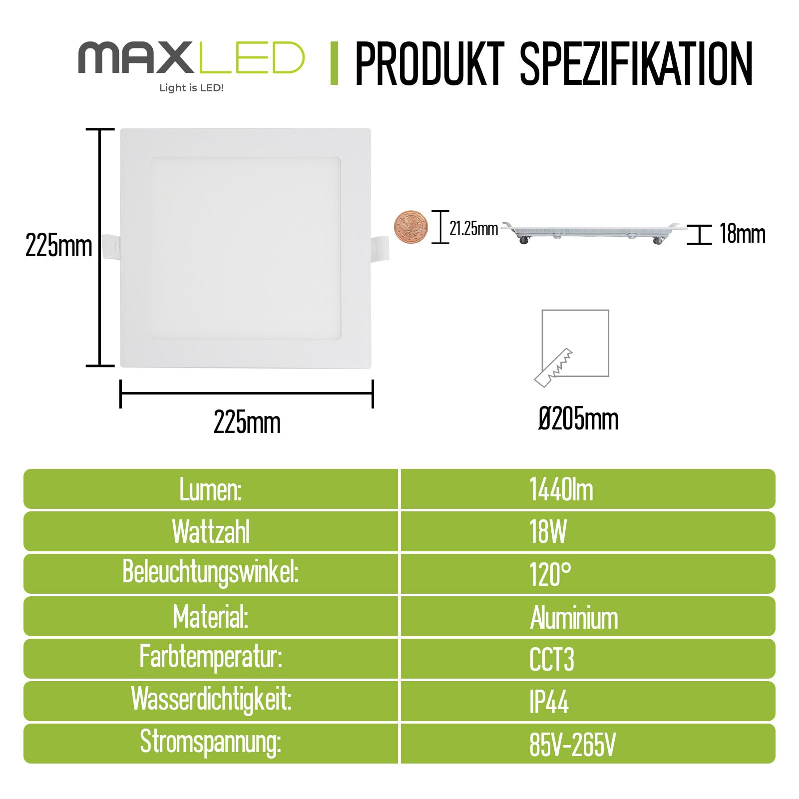 18W LED Einbaustrahler 230V 225mm, 1440LM Spots Deckenleuchte Nicht Dimmbar 3000K-6000K Warmweiß Neutralweiß Kaltweiß Flach Deckenspots Einbauleuchten Lochmass 205mm Aluminium