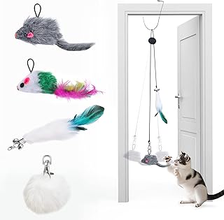 Otunrues Cat Feather Toys, Interactive Cats Toy for Indoor Cats, Hanging Cat Toys Door Elastic Rope Natural Feathers Mouse Worm Refills Play Exercise Cat Puzzle Toys