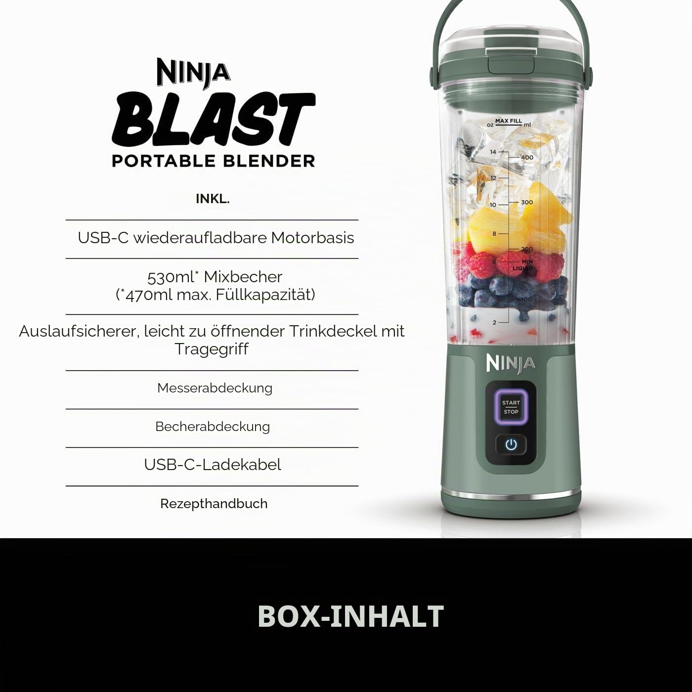 Ninja Blast BC151UKEM Tragbarer Mixer, 530 ml, auslaufsicherer Deckel und Trinkauslauf, leistungsstarker kabelloser Mini-Mixer, wiederaufladbar, tragbare Smoothies, Protein-Shakes, mischt Eis und