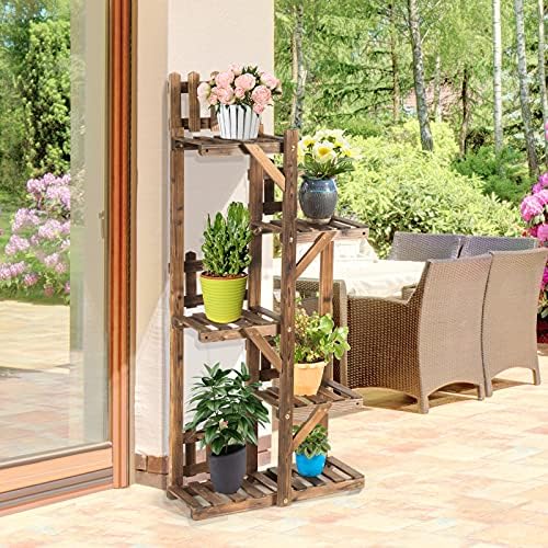 TANGZON Solid Wood Plant Stand, 5 Tier 6 Potted Multiple Flower Pot Holder Shelf, Indoor Outdoor Waterproof Planter Display Rack Storage Organiser for Garden, Patio, Yard, Balcony & Corner