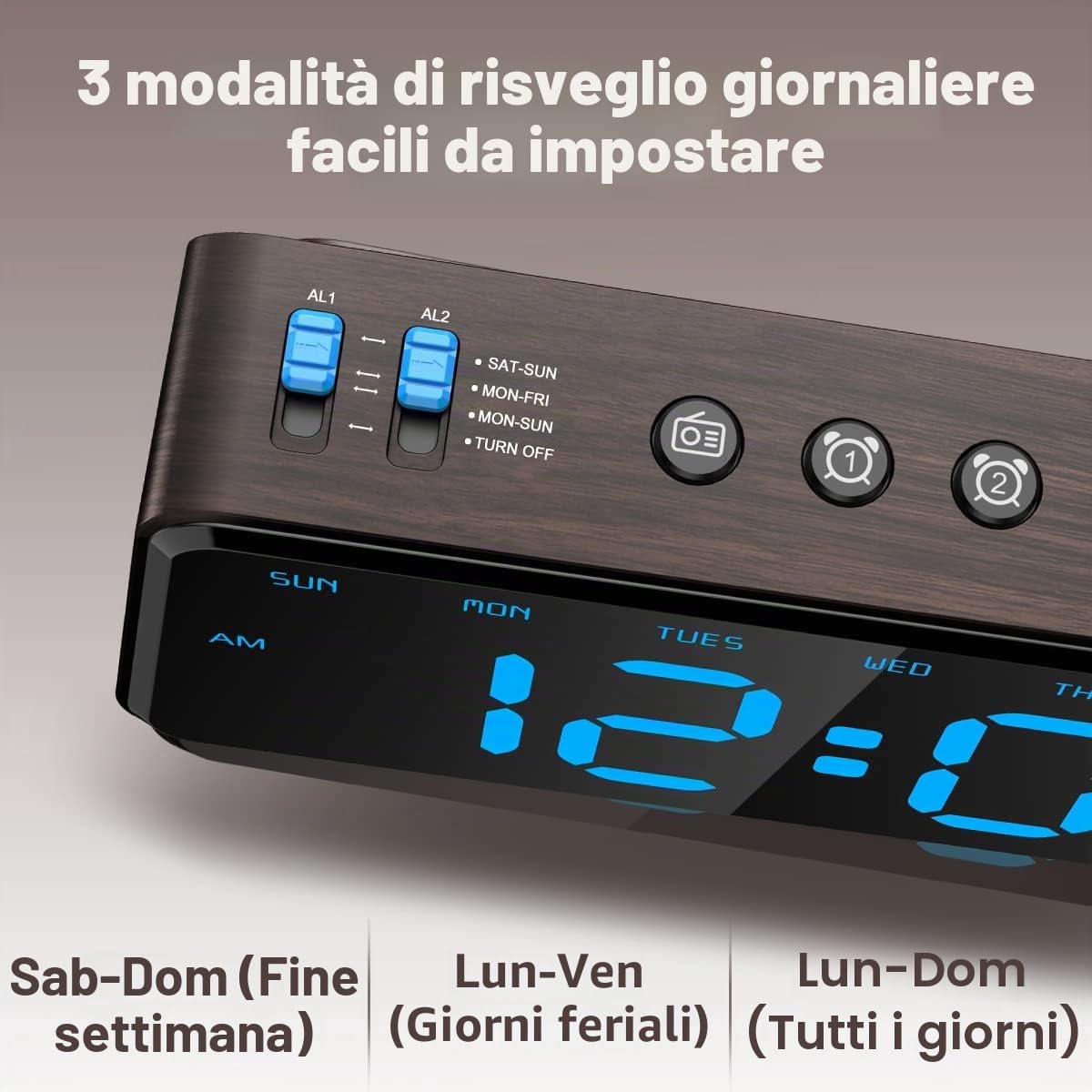 ANJANK Radiosveglia con Digitale - Doppio Sveglia con Giorno Della Settimana/Weekend,0-100% Dimmer,Porta USB,Snooze,Grande Display,Facile di Utilizzo,Orologio Digitale per Bambini/Adolescenti/Anziani