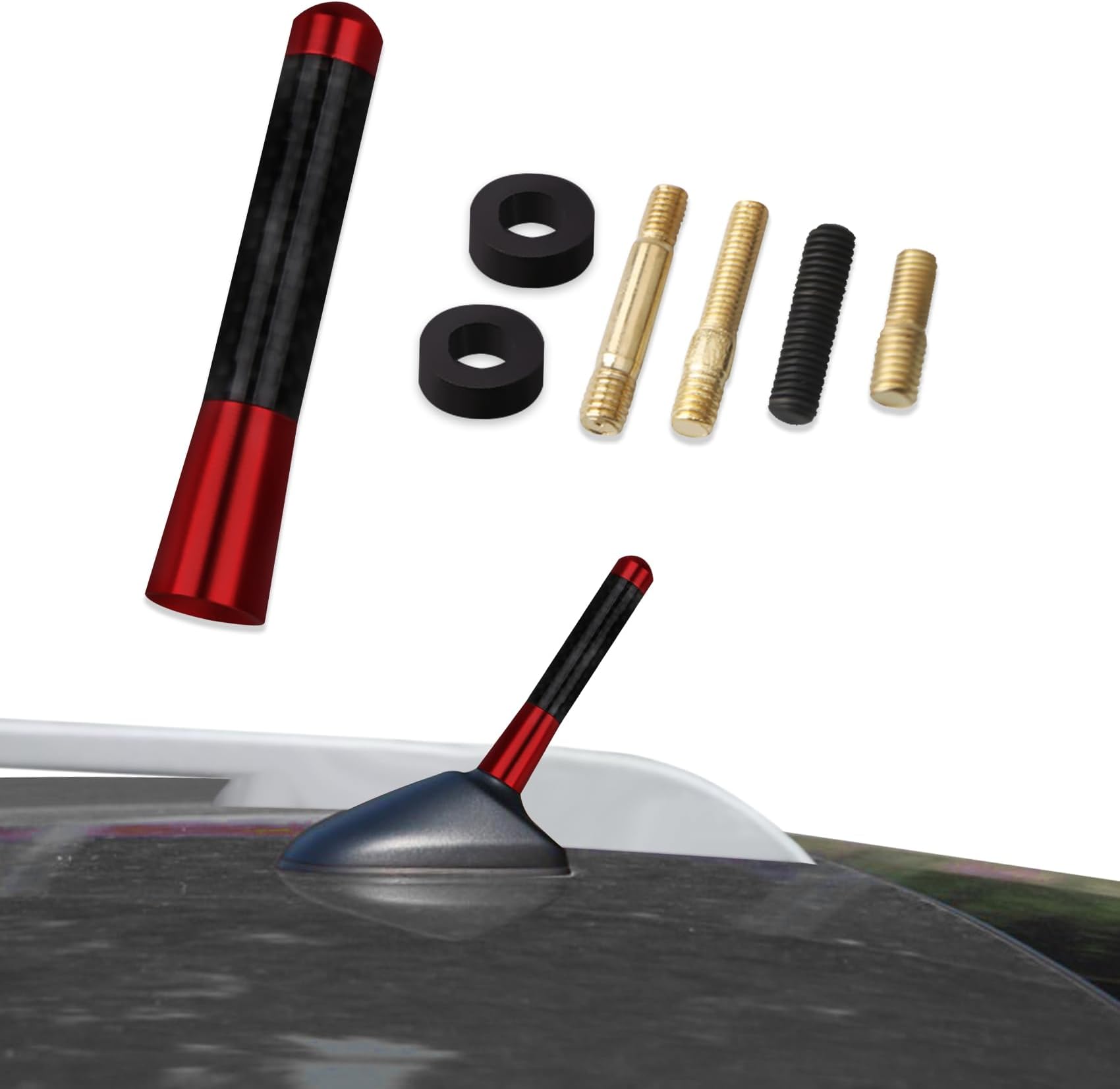 Kutyun Car Radio Antenna, 3.14" Car Audio & Video Antennas, Car Antenna Replacement, Carbon Fiber Car Mini Antenna with Adapter Universal for Car to FM AM Radio Reception (Red, 8cm)