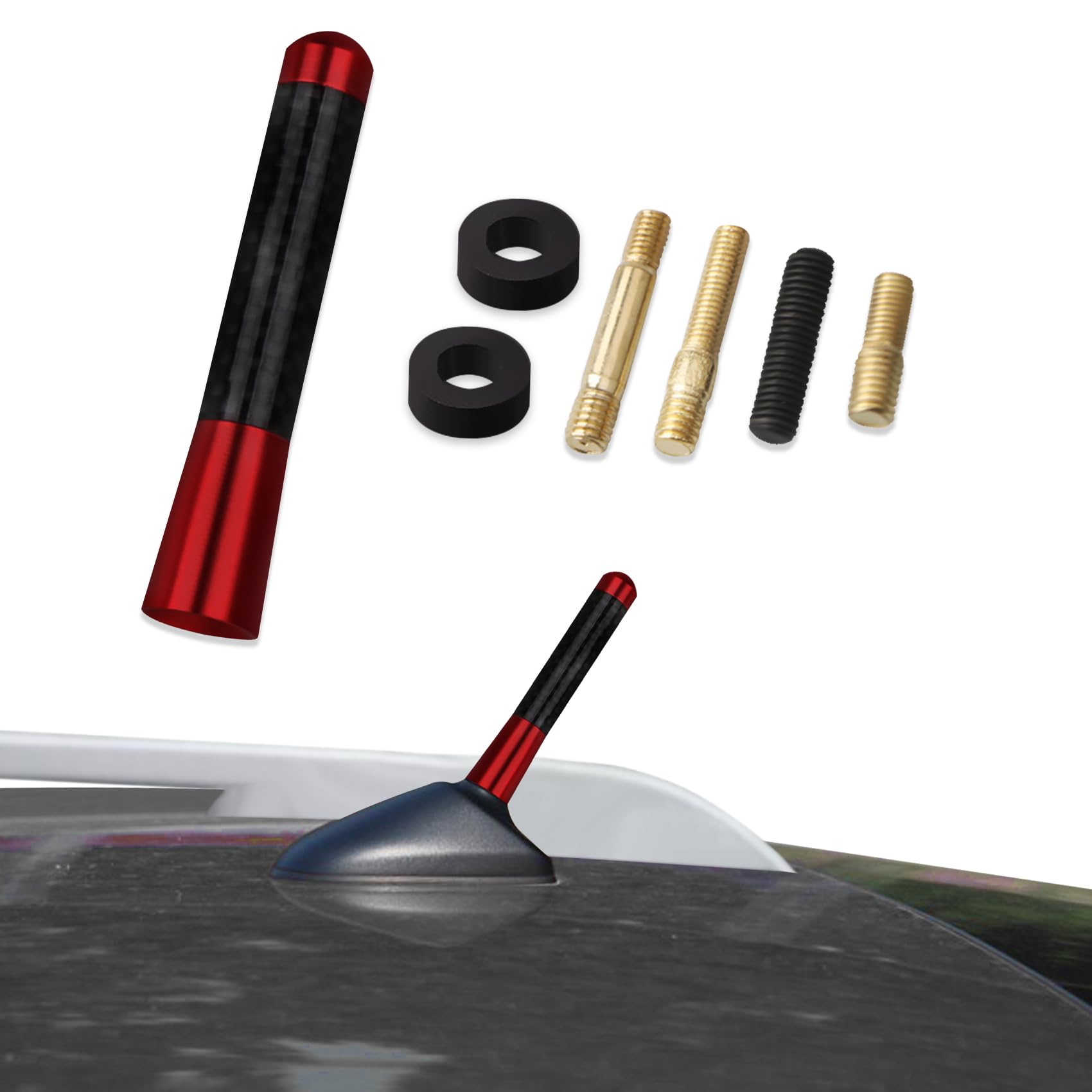 Kutyun Car Radio Antenna, 3.14" Car Audio & Video Antennas, Car Antenna Replacement, Carbon Fiber Car Mini Antenna with Adapter Universal for Car to FM AM Radio Reception (Red, 8cm)