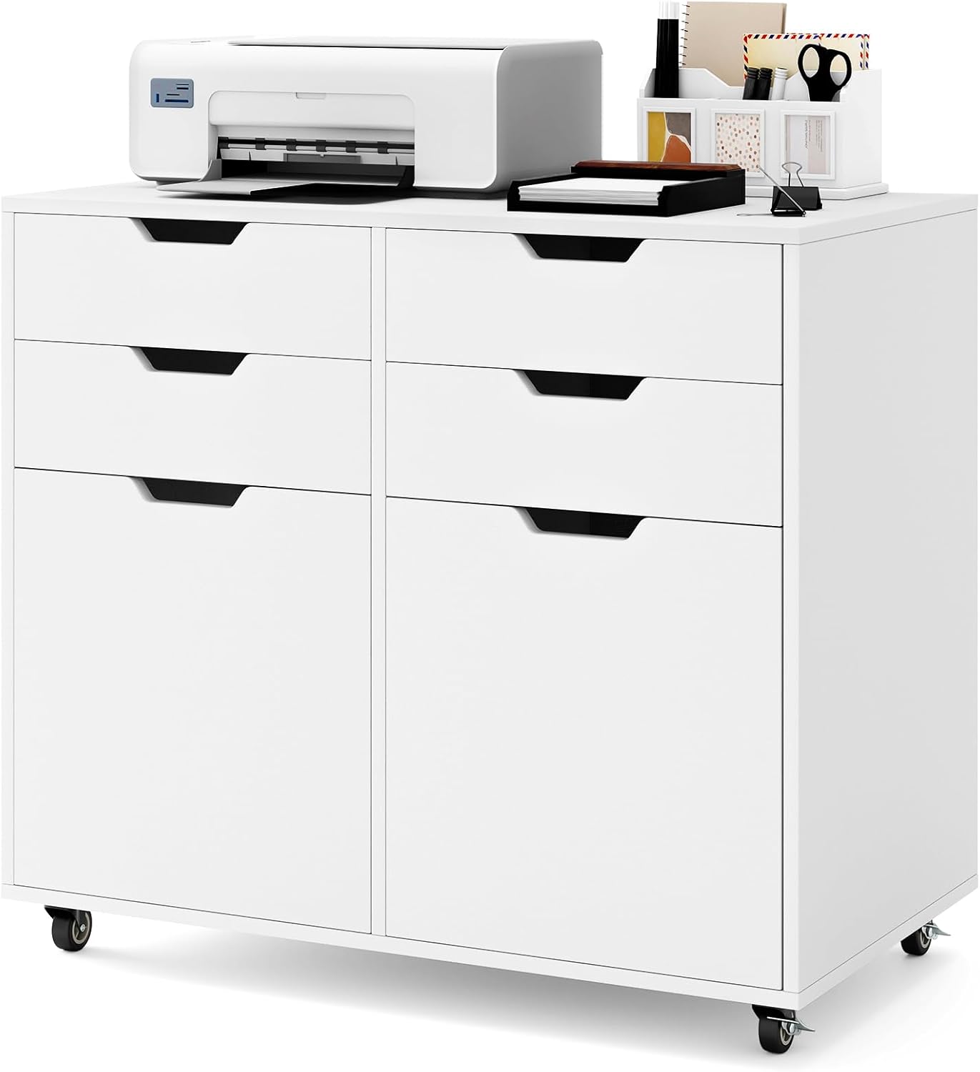 LOKO Mobile File Cabinet with 4 Drawers, Rolling Under-Desk Filing Cabinet, Wooden Chest of Drawers with Universal Wheels, Modern Printer Stand for Home Office Organization and Storage (White)