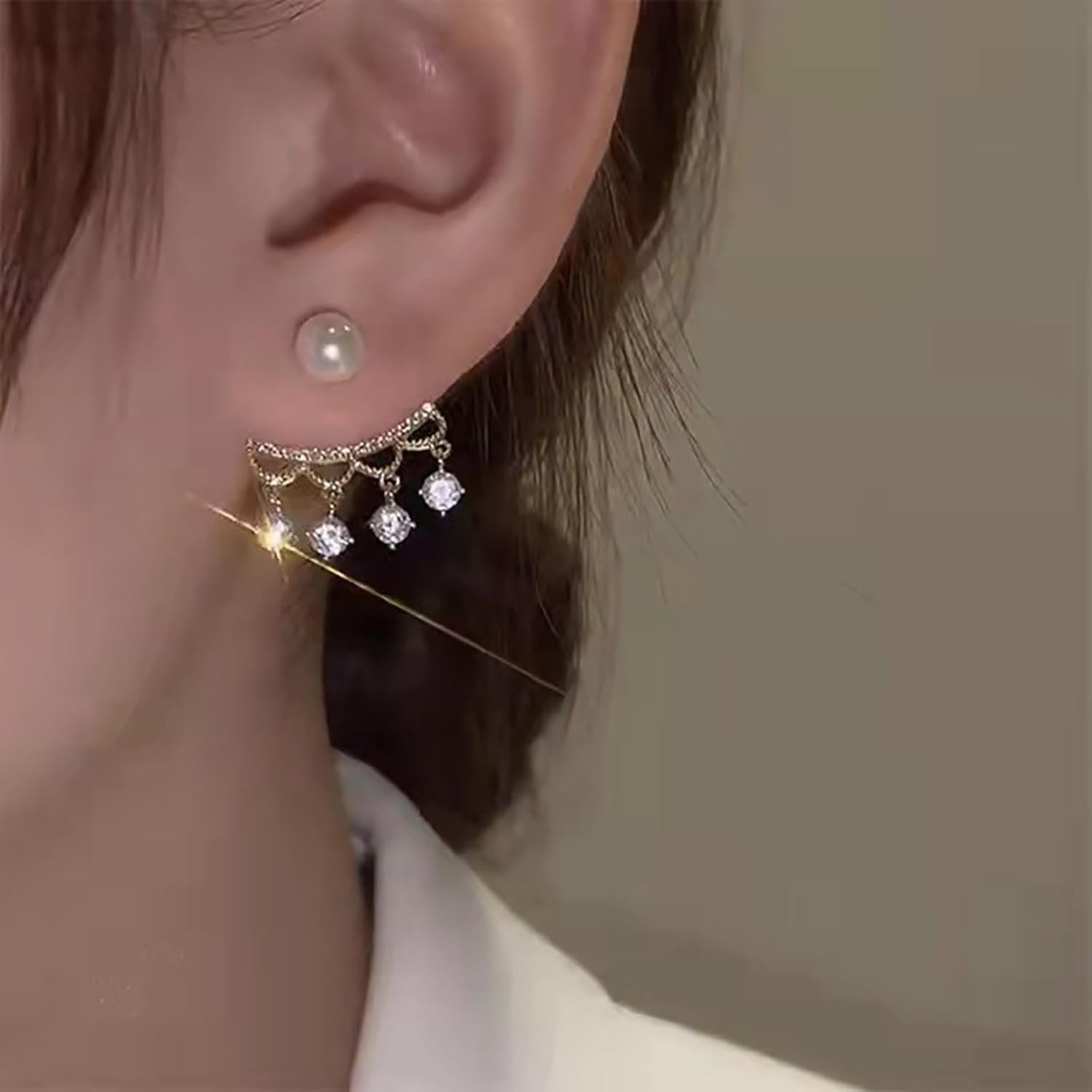 Vintage Pearl Ear Jacket Earrings Crystal Pearl Earrings Gold Pearl Stud Earrings Sparkling Gemstone Dangle Earrings Cz Front Back Earrings Jewelry for Women - Image 5