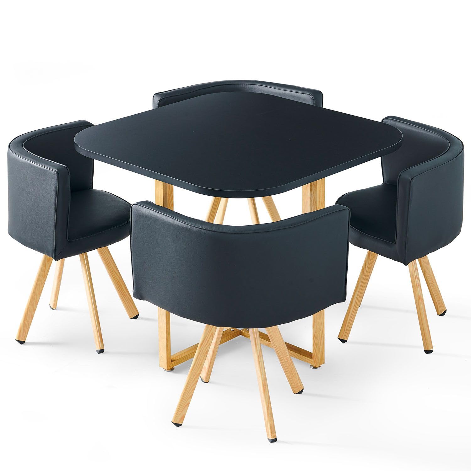 Menzzo Table A Manger Scandinave Oslo avec Chaises Encastrable Revêtement Simili Noir - Pieds Métal Couleur Bois, Assise Moelleuse et Confortable - L90 x P90 x H75 cm