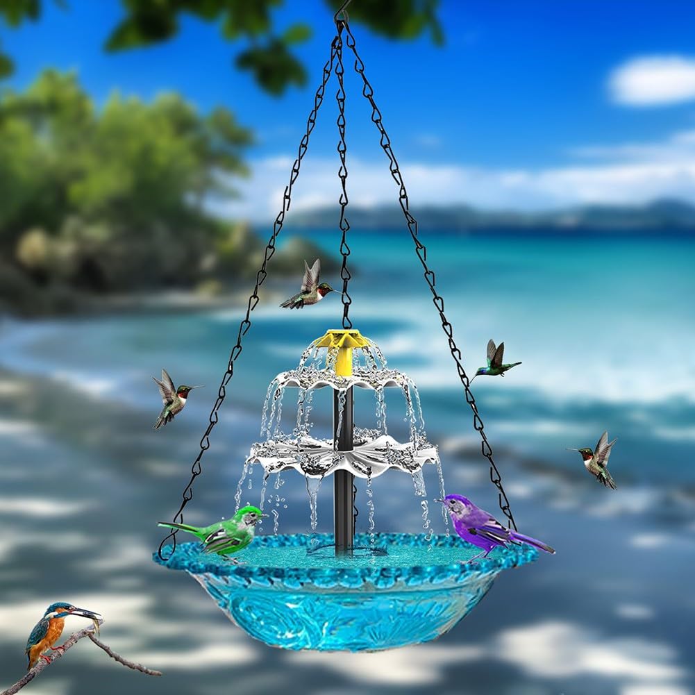 EasyByMall Abbeveratoio solare per uccelli con fontana, mangiatoia per uccelli in metallo e plastica, per giardino, ad energia solare, per attirare la fauna selvatica, blu o rosa
