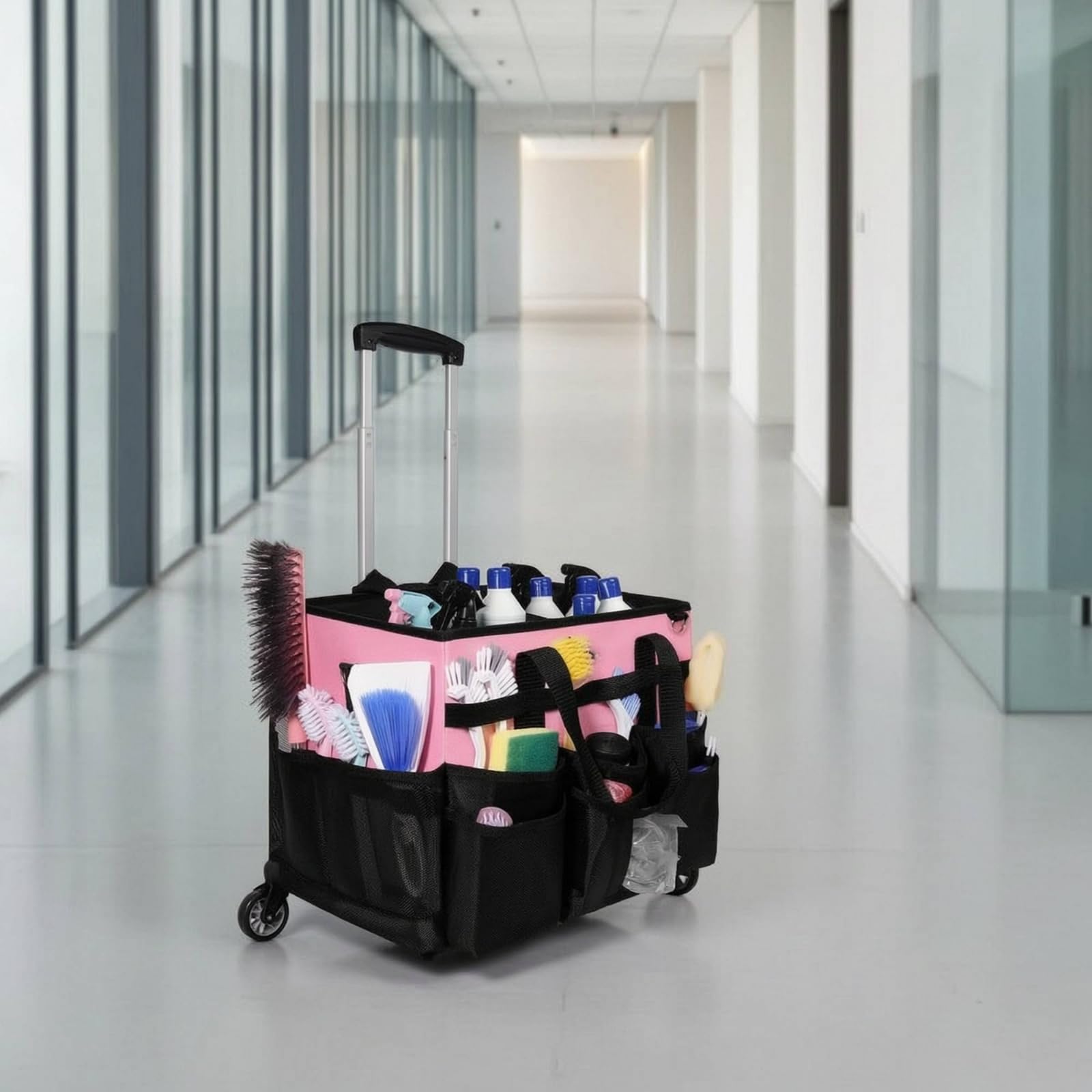 Carrello Porta Prodotti Pulizia Resistente Borsa Organizer con Tracolla Impermeabile Borsa con Tasche per Personale Delle Pulizie, Hotel, Verde