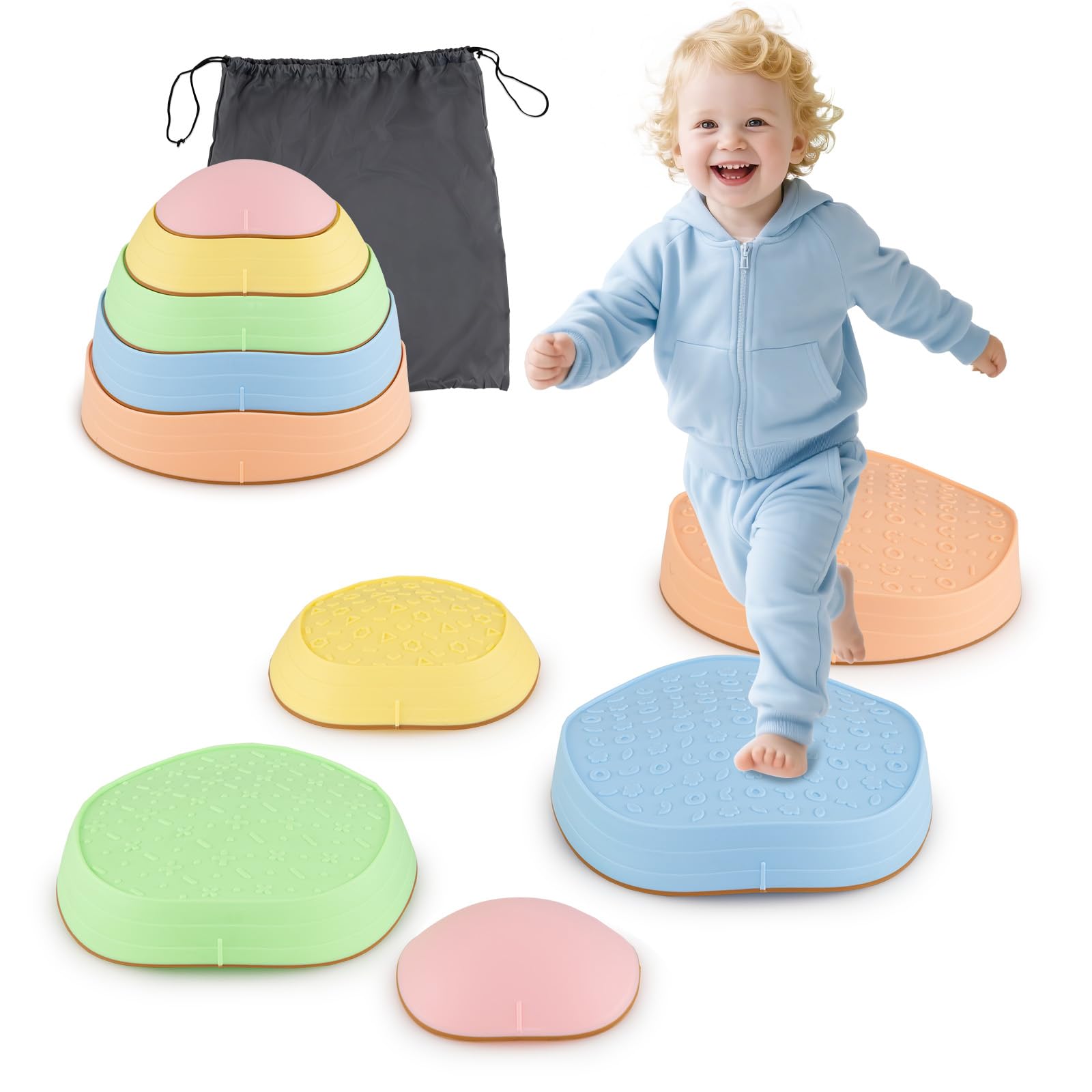 GOPLUS Pierres d'Équilibre pour Enfants, 5 Pièces Parcours de Motricité Antidérapantes Empilables avec Sac de Rangement