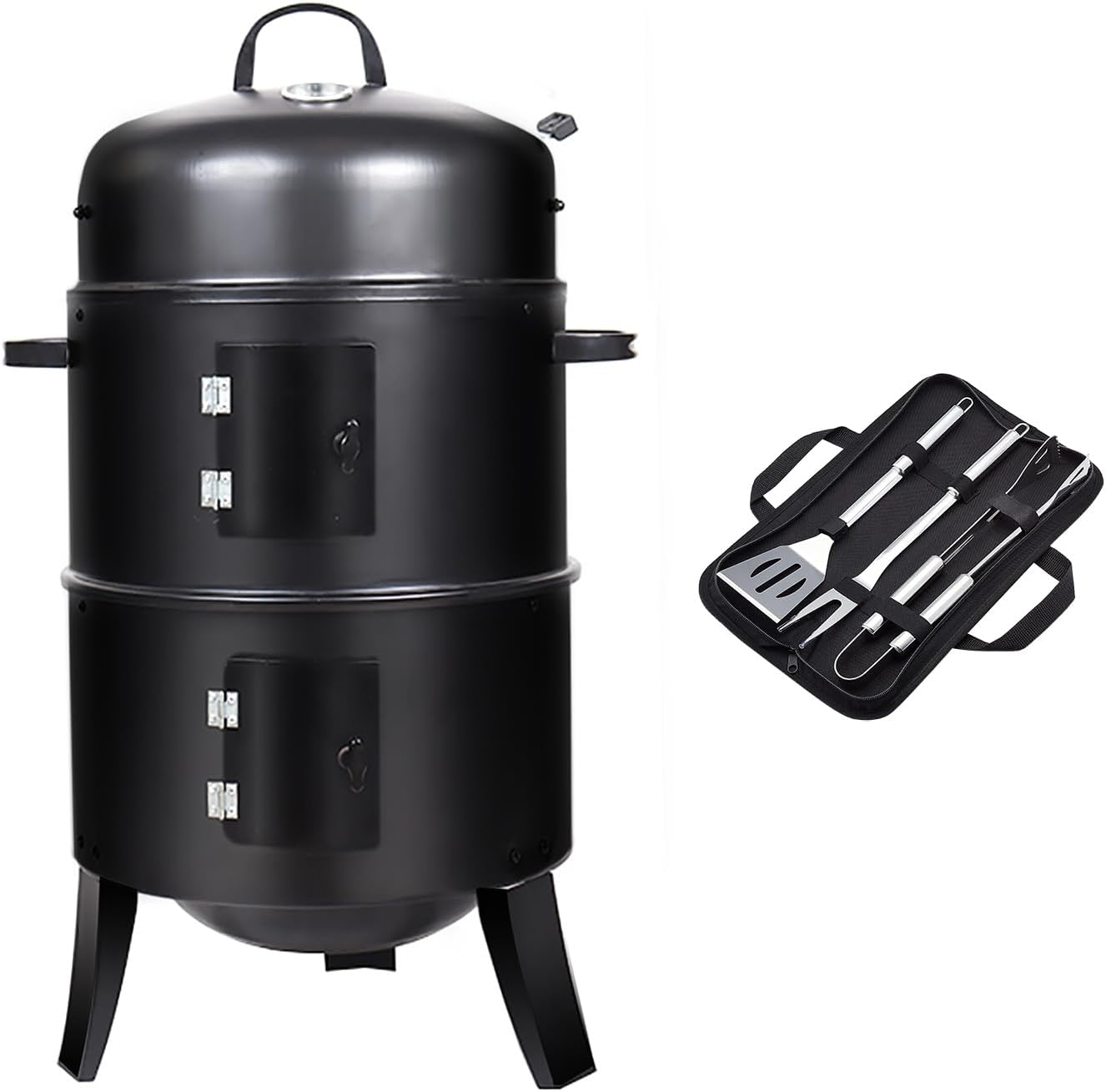 16 inch Vertical Charcoal Smoker, Mini BBQ Grill, Fire Pit, 3-in-1 with Built-in Thermometer, Adjustable Air Vent, Idea for Parties, Backyard, Patio, Camping