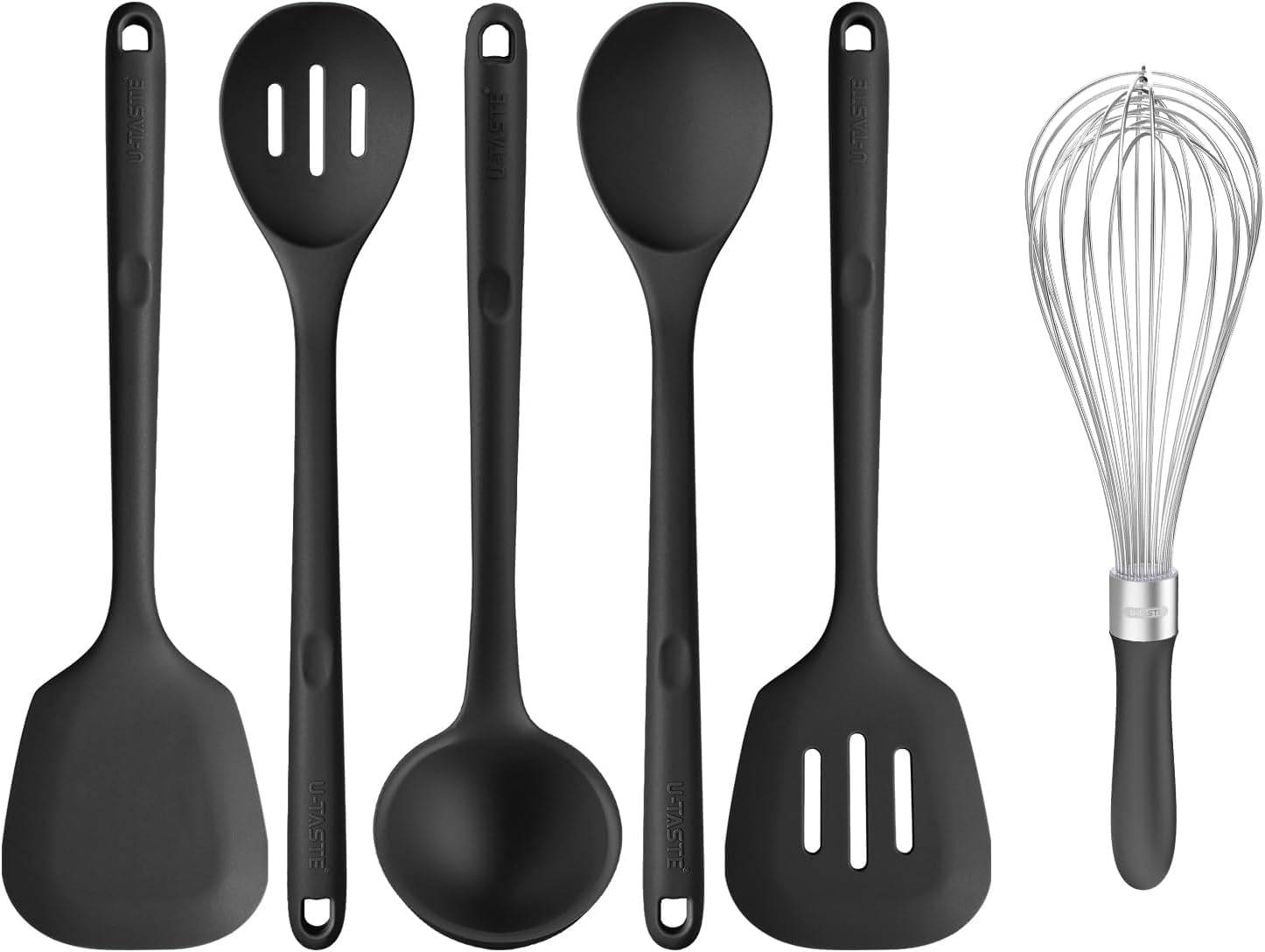 U-Taste Heat Resistant Kitchen Cooking Utensils Set of 5, and 18/10 Stainless Steel Balloon Whisk for Kitchen Cooking with 12 Flex Wires (Black)
