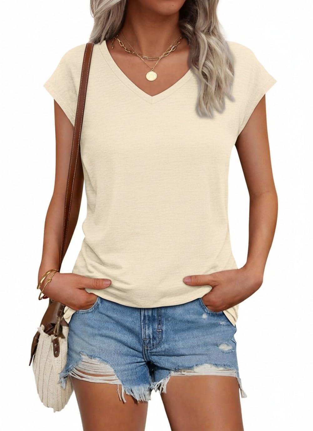 Suncife Damen-T-Shirt, Sommer, lockere Passform, Flügelärmel, V-Ausschnitt, T-Shirt