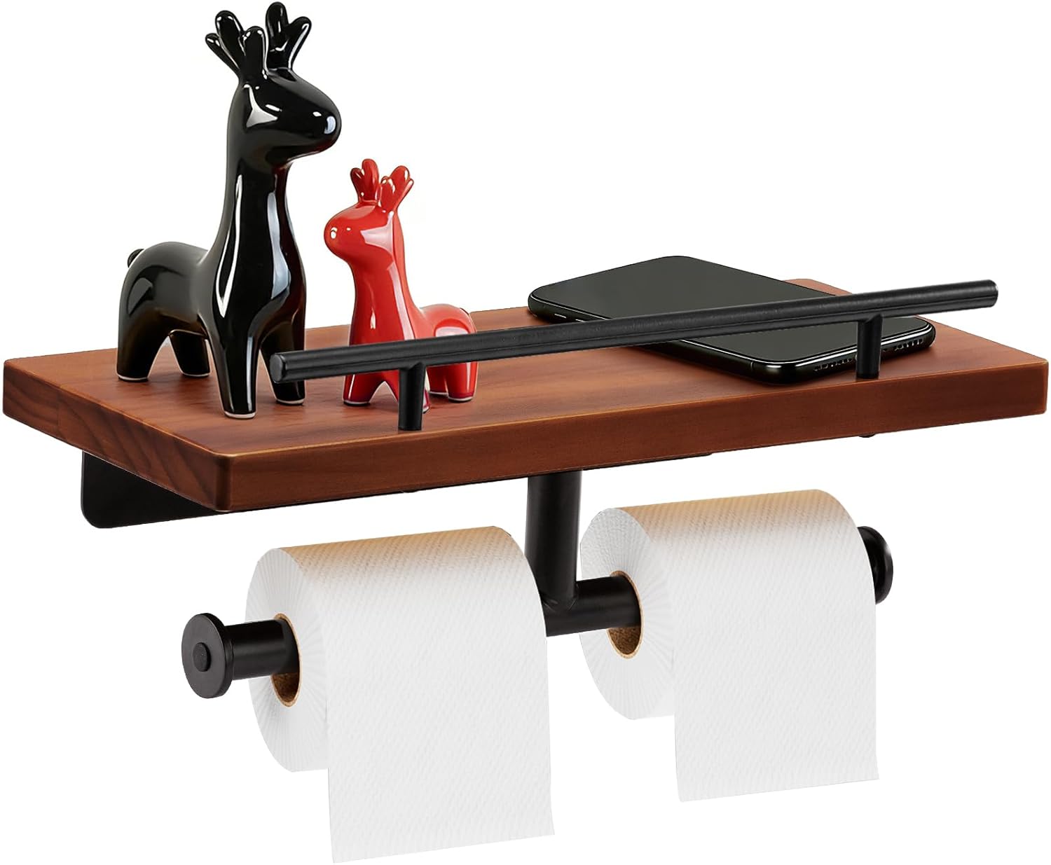 Toilet Paper Holder with Wood Shelf, Wall Mount Toilet Paper Roll Holder with Wooden Shelf and Matte Black Stainless Steel Pipe, Tissue Roll Holder for Bathroom Washroom (Dark Brown, 13.8'' x 5.9'')