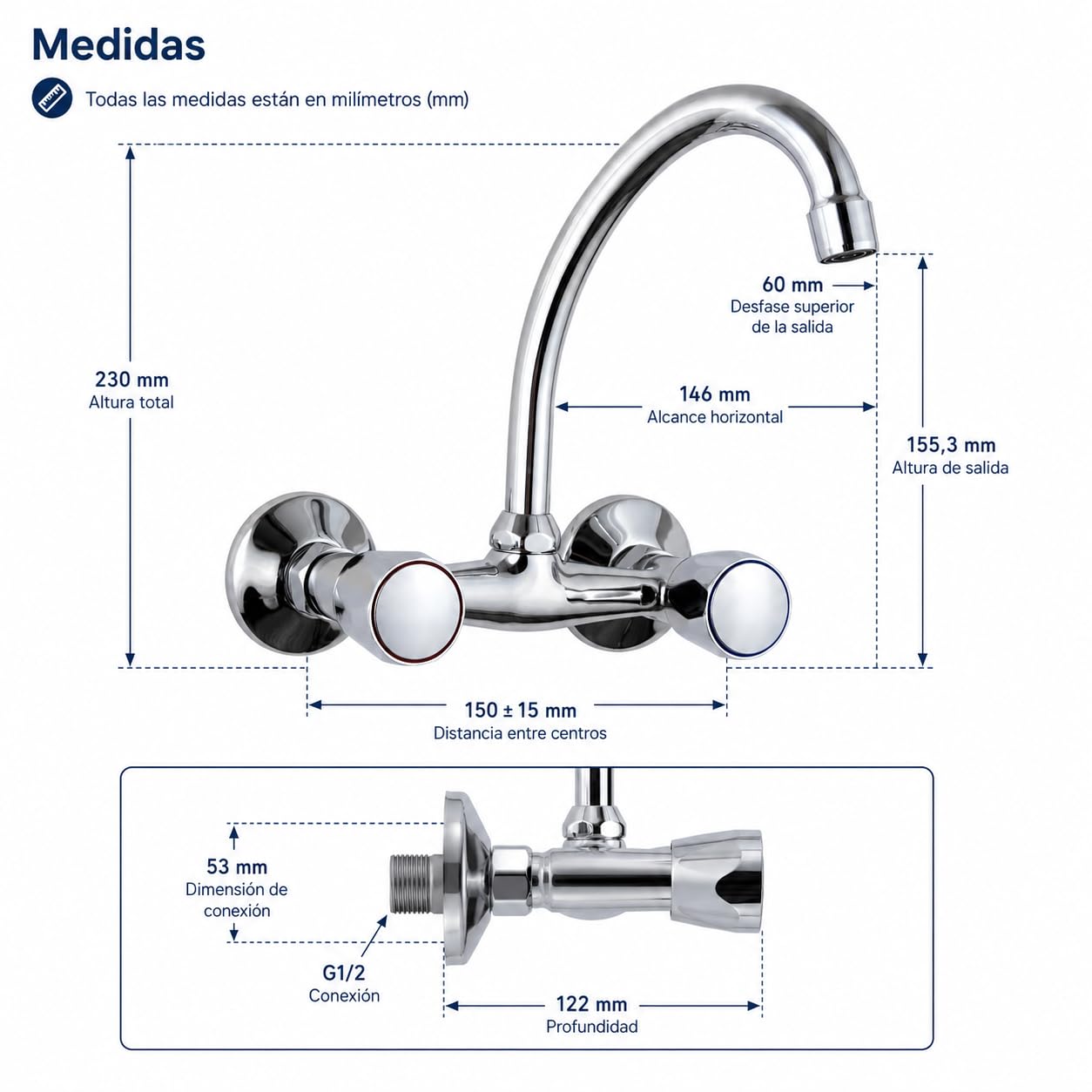 Grifo Cocina de Pared para Fregadero 15 cm, Caño Alto Bimando, AQG Zantes