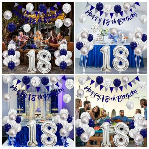 Image of 18th Birthday Decorations for Boys Girls, Blue Happy 18th Birthday Banner with Blue Silver 18th Balloons Cake Topper Number 18 Foil Balloonfor 18 Year Old Party Decoration
