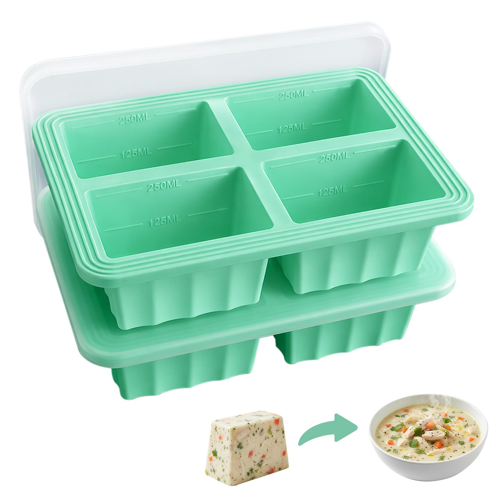 2 Pack Food Grade Silicone Freezer Tray with Lid, 4 Compartment Soup Freezer Containers, Large Ice Cube Tray for Meal Prep, 8 Cup Portion Freezing Moulds for Soup, Sauce, Broth, Food & Leftovers