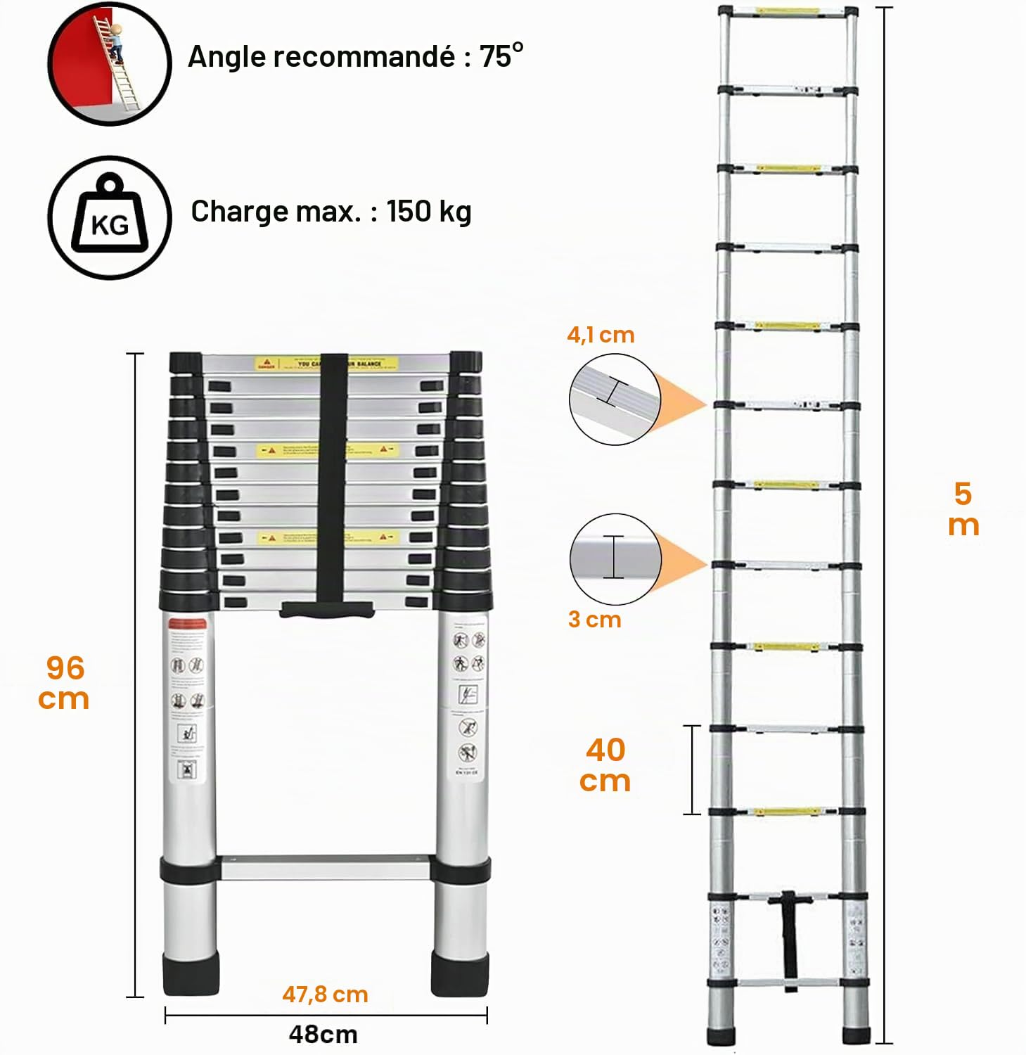 Échelle télescopique de 5 m en aluminium avec pieds antidérapants, légère et pliable, capacité de 150 kg
