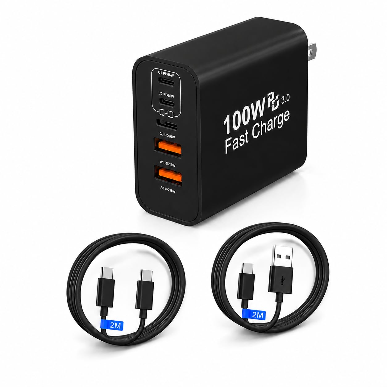 タイプc 充電器 ノートPC ノートパソコン用充電器 USB Type-C 合計 PD100W 急速充電器ラップトップ GaNIII技術対応 USB-A & Type-C コンセント式電源アダプター 搭載 MacBook//Surface/iPad/PC/iPhone 17air/pro max/SE Android/タブレット/ノートパソコン用 (black, 2m2m)