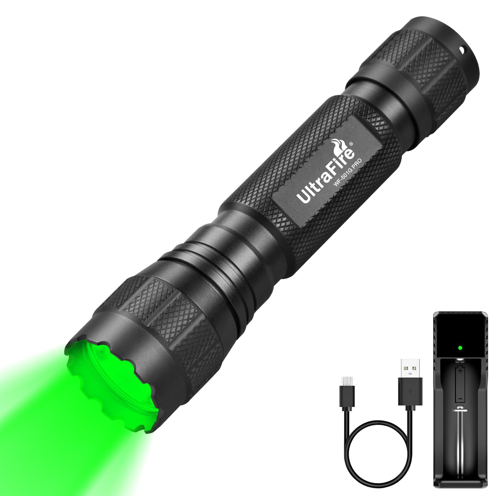 Ultrafire Black Green Light Led Torch 520-530Nm Green Hunting Torch With Holster, 10W High Power Green Predator Light For Night Vision, Fishing, Reading Map, Wf-501G Rro