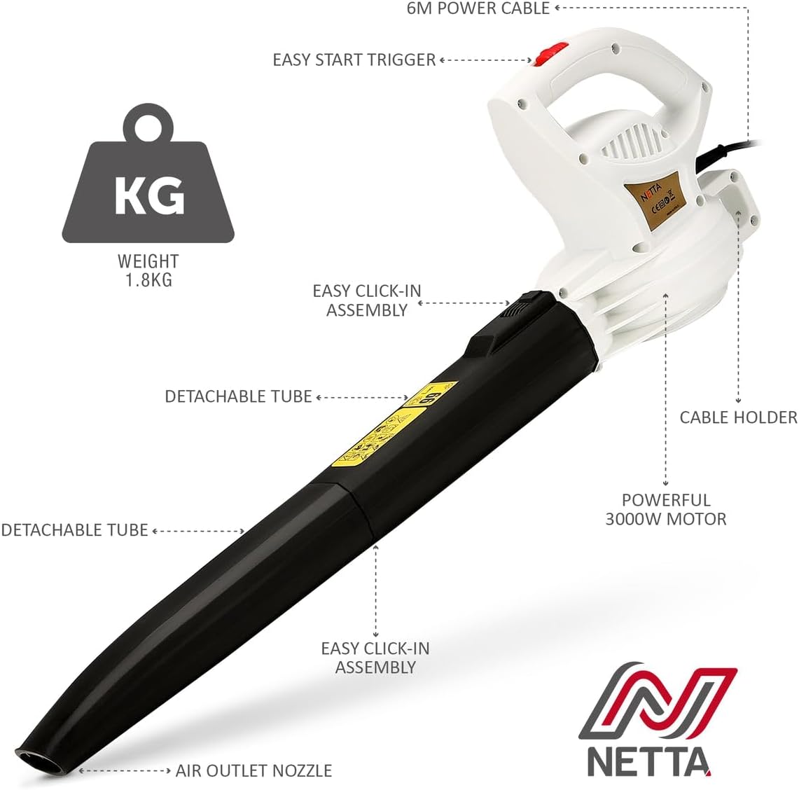 Leaf Blower 3000W Ultra-Light 1.8kg Compact Electric Garden Blower (NT-LIGHTW… thumbnail 8
